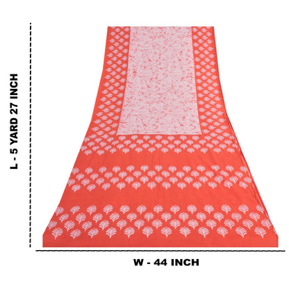 Sanskriti Vintage Sarees Pink/Orange Batik Printed Pure Cotton Sari 5yd Sustainable Fabric
