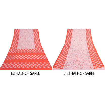 Sanskriti Vintage Sarees Pink/Orange Batik Printed Pure Cotton Sari 5yd Sustainable Fabric