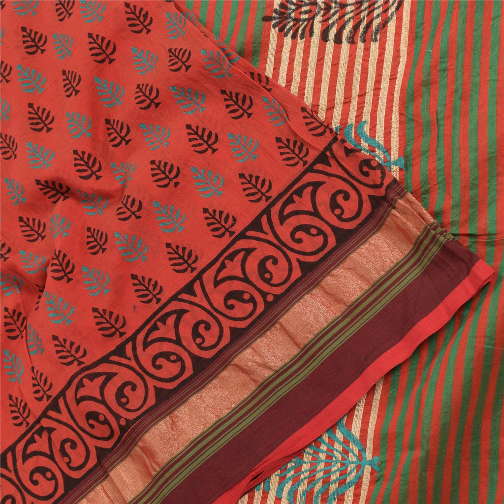 Sanskriti Vintage Sari 100% Pure Cotton Saree Red Hand Block Printed 5Yd Craft Fabric Floral Design-Create Dresses, Kaftans, Skirts,