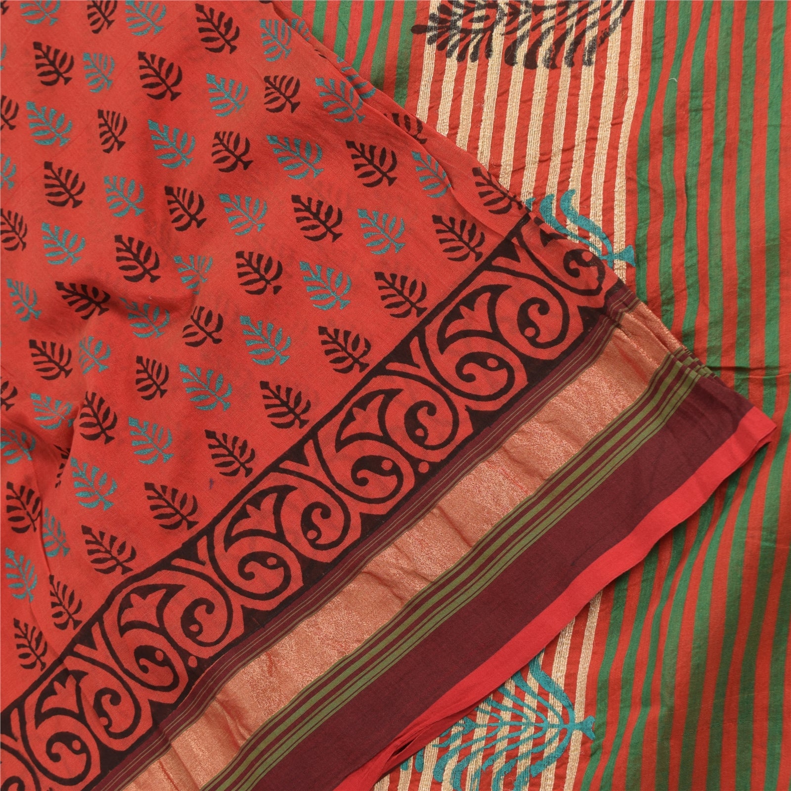Sanskriti Vintage Sari 100% Pure Cotton Saree Red Hand Block Printed 5Yd Craft Fabric Floral Design-Create Dresses, Kaftans, Skirts,