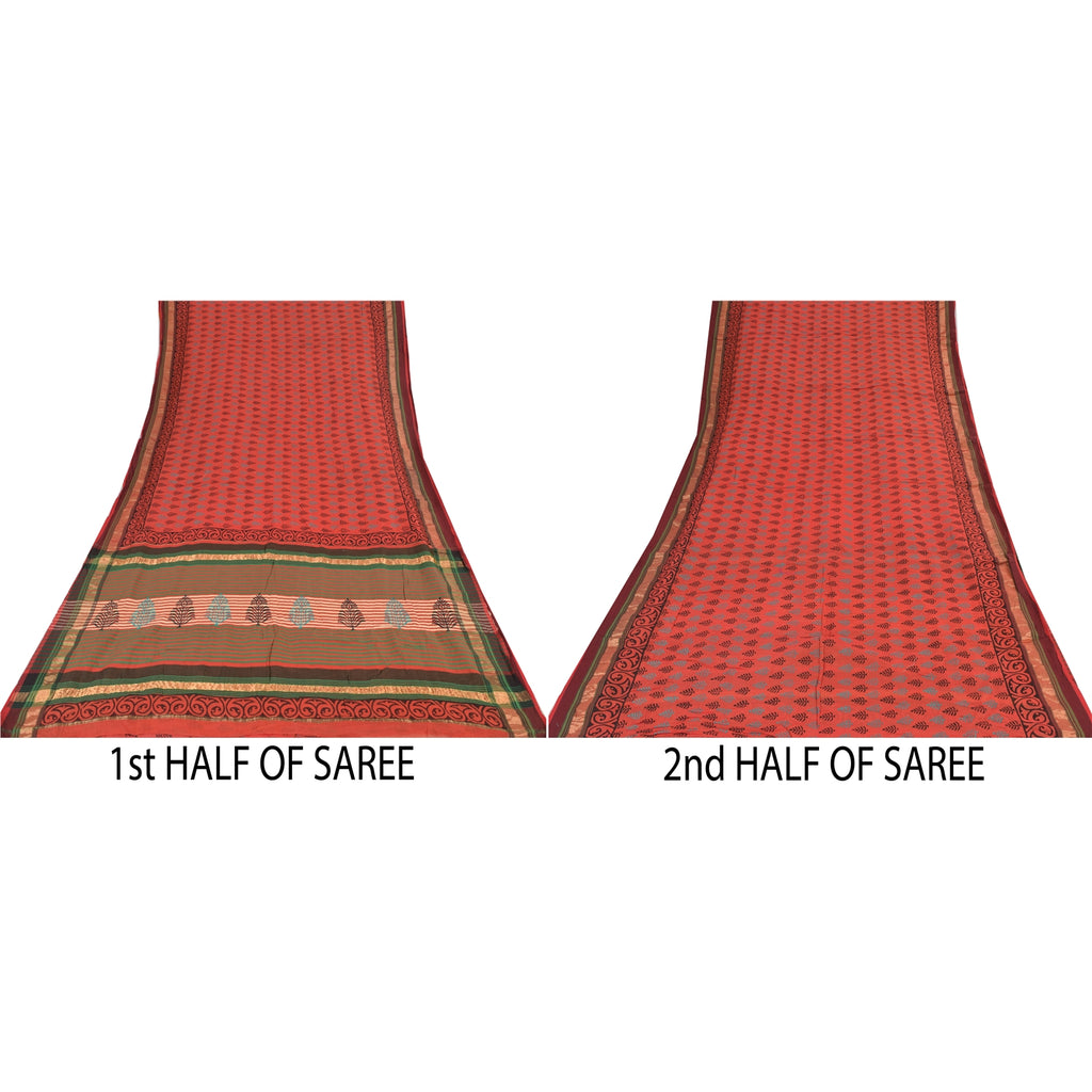 Sanskriti Vintage Sari 100% Pure Cotton Saree Red Hand Block Printed 5Yd Craft Fabric Floral Design-Create Dresses, Kaftans, Skirts,