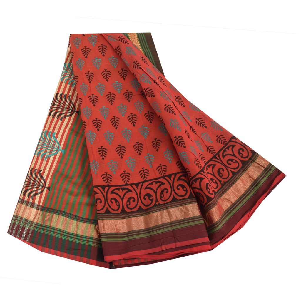 Sanskriti Vintage Sari 100% Pure Cotton Saree Red Hand Block Printed 5Yd Craft Fabric Floral Design-Create Dresses, Kaftans, Skirts,