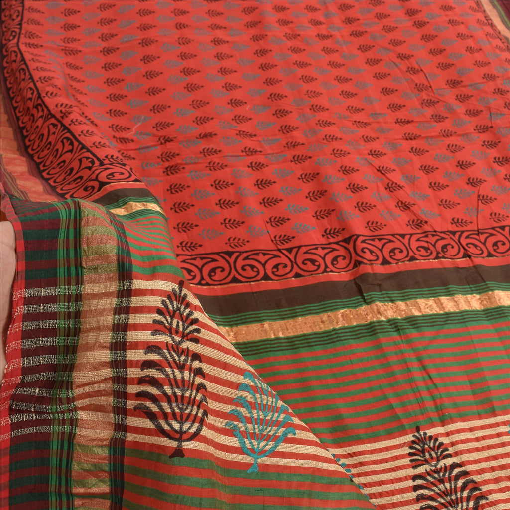 Sanskriti Vintage Sari 100% Pure Cotton Saree Red Hand Block Printed 5Yd Craft Fabric Floral Design-Create Dresses, Kaftans, Skirts,