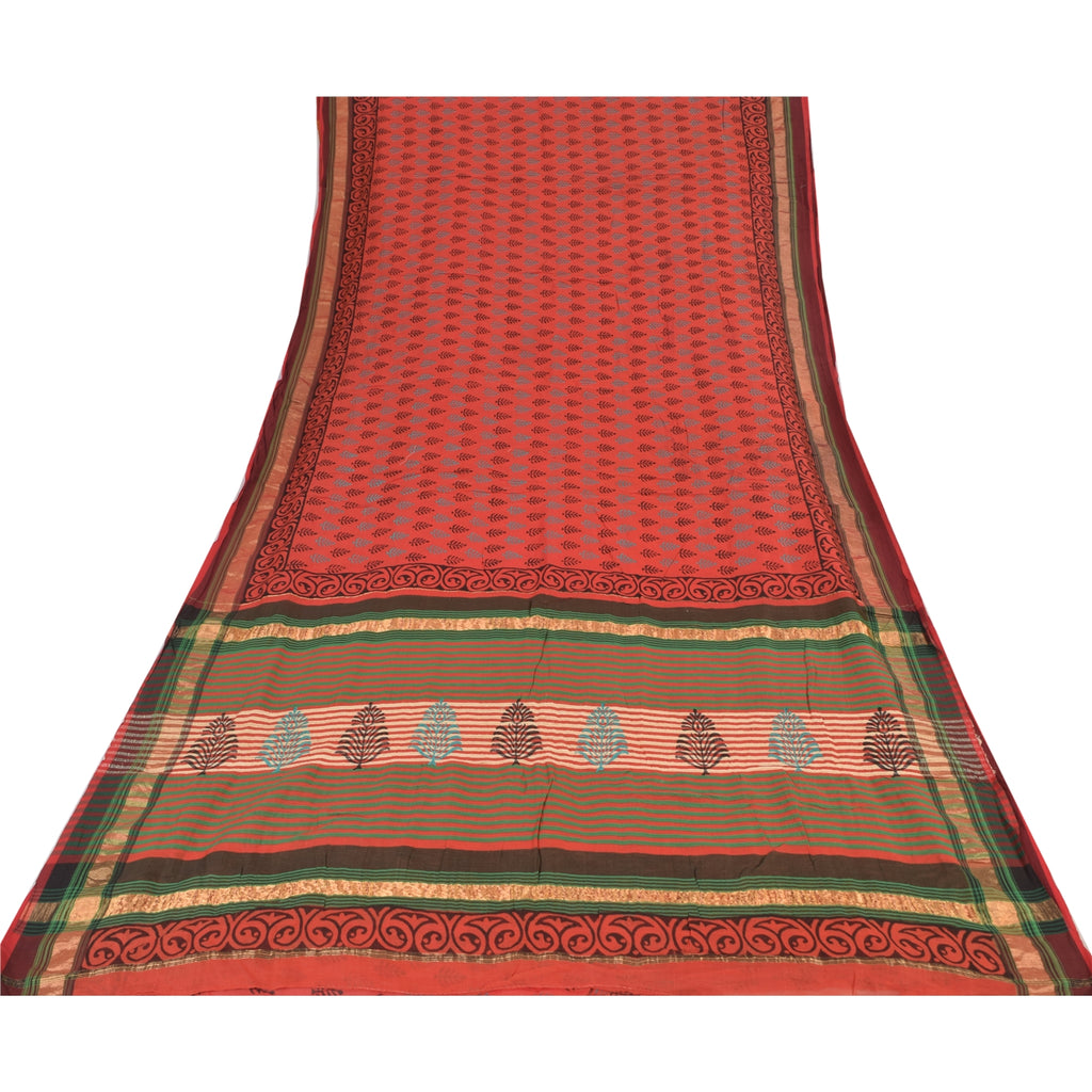 Sanskriti Vintage Sari 100% Pure Cotton Saree Red Hand Block Printed 5Yd Craft Fabric Floral Design-Create Dresses, Kaftans, Skirts,
