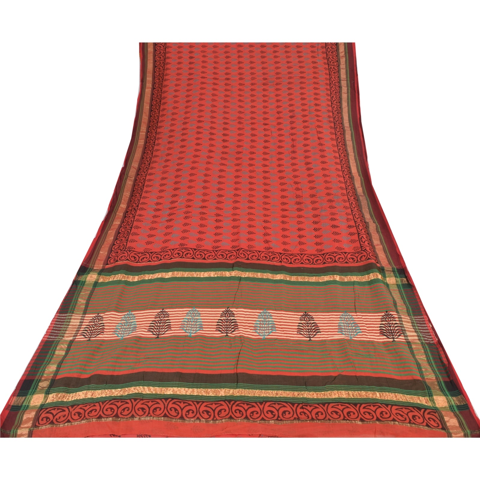 Sanskriti Vintage Sari 100% Pure Cotton Saree Red Hand Block Printed 5Yd Craft Fabric Floral Design-Create Dresses, Kaftans, Skirts,