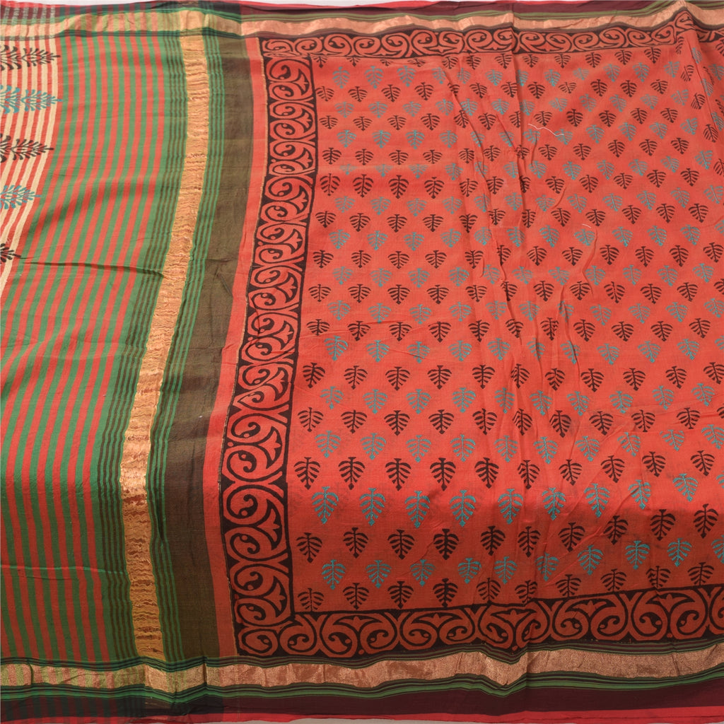 Sanskriti Vintage Sari 100% Pure Cotton Saree Red Hand Block Printed 5Yd Craft Fabric Floral Design-Create Dresses, Kaftans, Skirts,