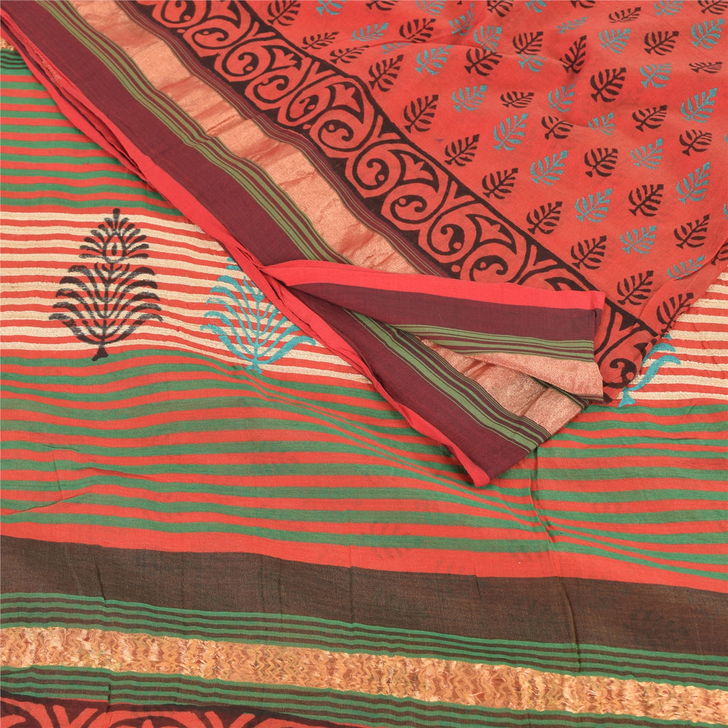 Sanskriti Vintage Sari 100% Pure Cotton Saree Red Hand Block Printed 5Yd Craft Fabric Floral Design-Create Dresses, Kaftans, Skirts,