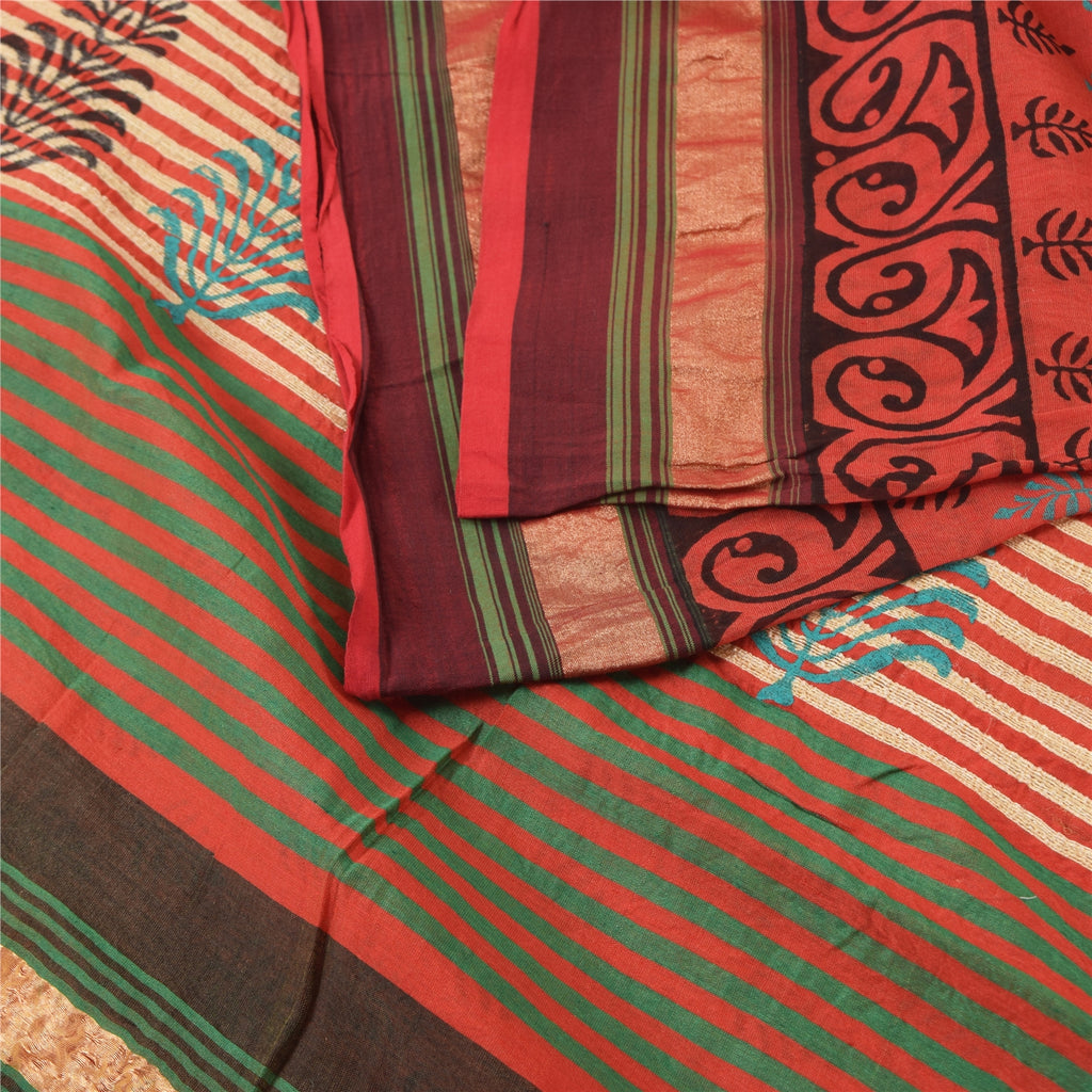Sanskriti Vintage Sari 100% Pure Cotton Saree Red Hand Block Printed 5Yd Craft Fabric Floral Design-Create Dresses, Kaftans, Skirts,
