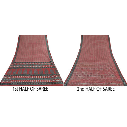 Sanskriti Vintage Sarees Red Indian Pure Cotton Printed Sari 5yd Craft Sustainable Fabric