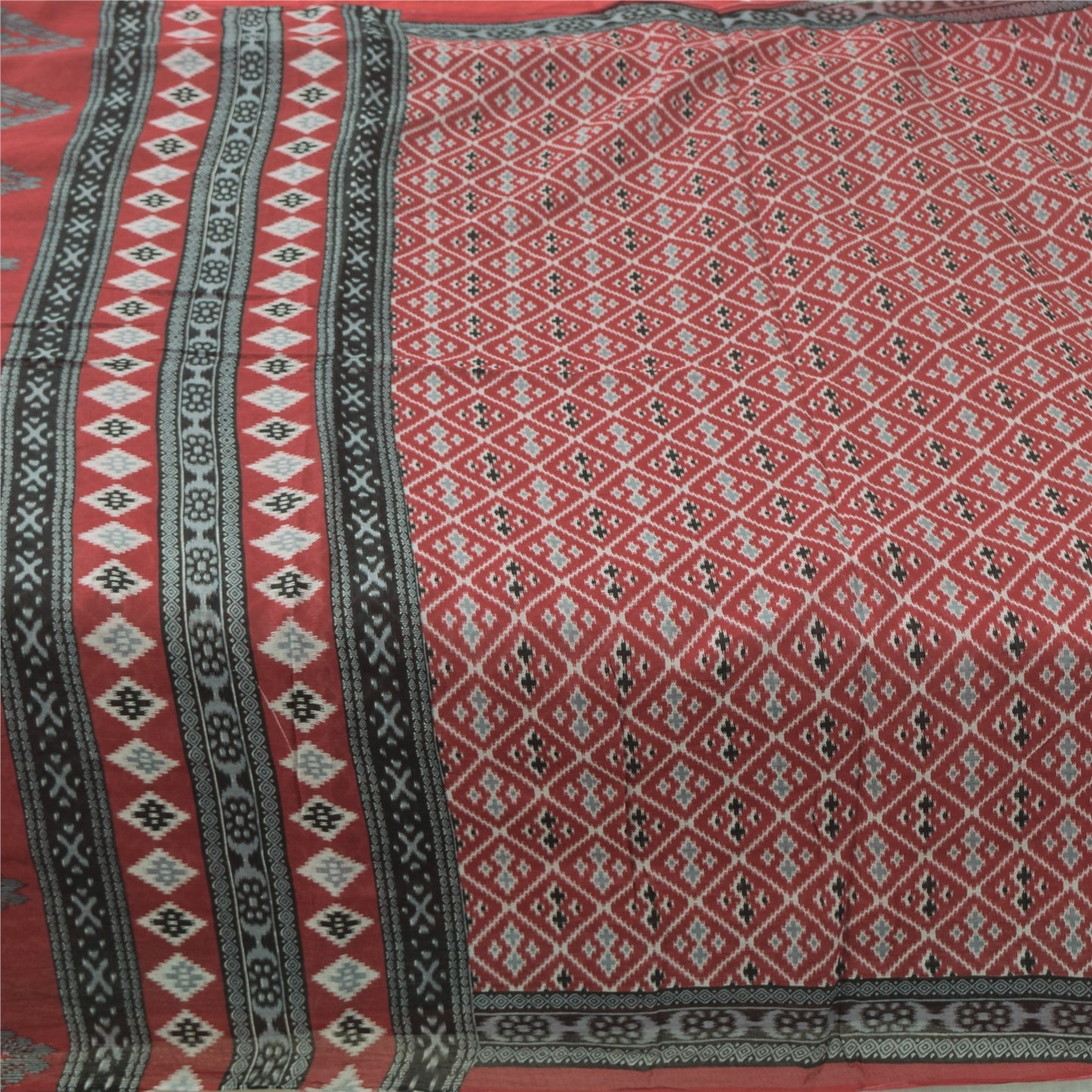 Sanskriti Vintage Sarees Red Indian Pure Cotton Printed Sari 5yd Craft Sustainable Fabric