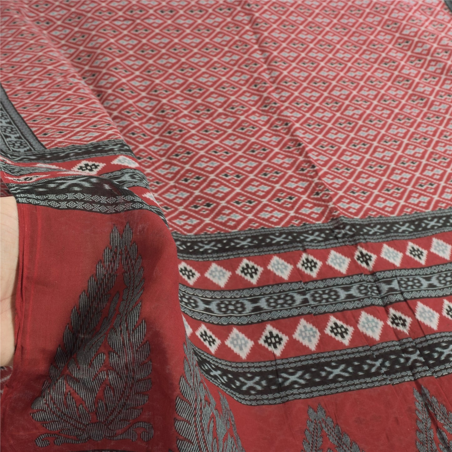 Sanskriti Vintage Sarees Red Indian Pure Cotton Printed Sari 5yd Craft Sustainable Fabric