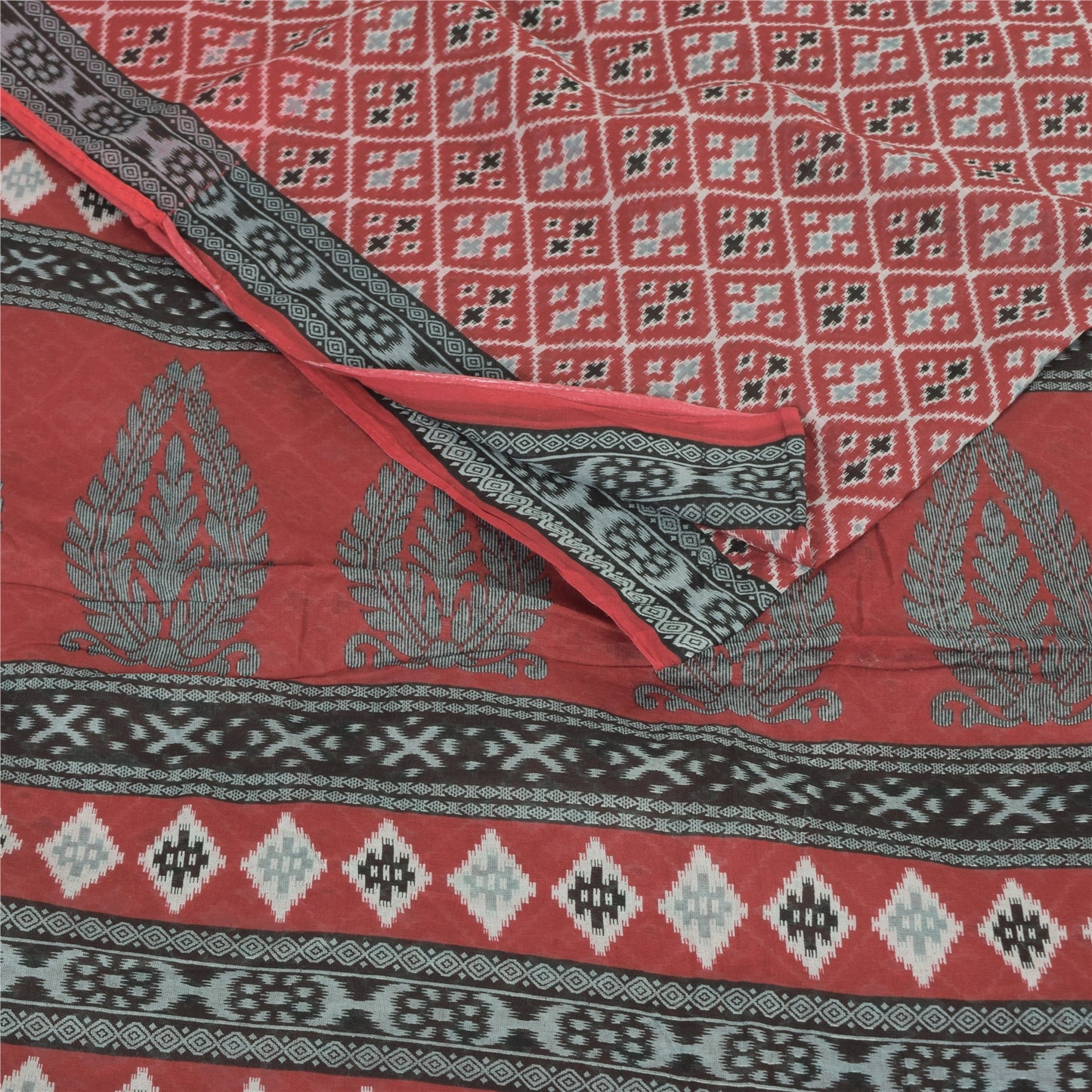 Sanskriti Vintage Sarees Red Indian Pure Cotton Printed Sari 5yd Craft Sustainable Fabric