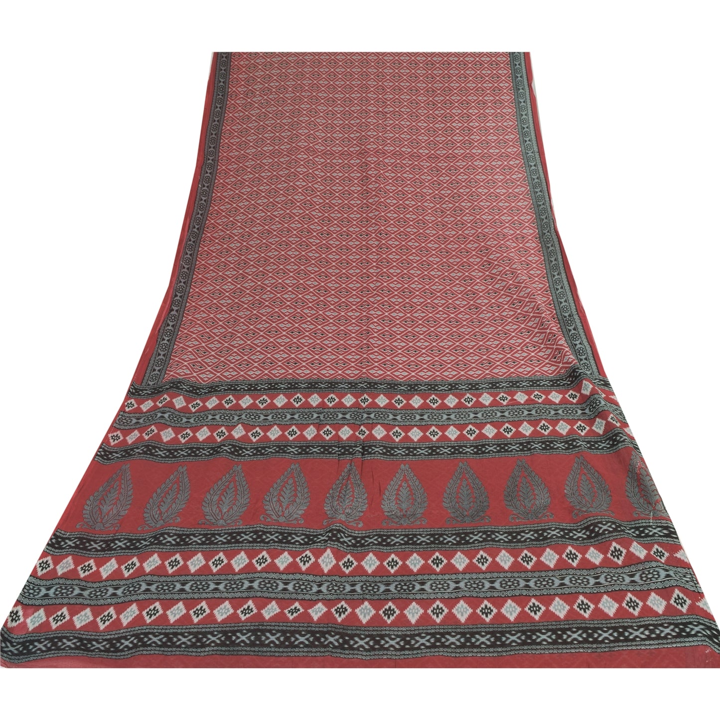 Sanskriti Vintage Sarees Red Indian Pure Cotton Printed Sari 5yd Craft Sustainable Fabric