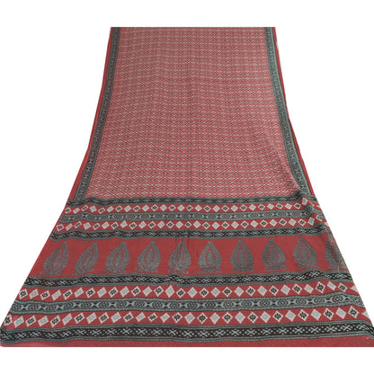 Sanskriti Vintage Sarees Red Indian Pure Cotton Printed Sari 5yd Craft Sustainable Fabric