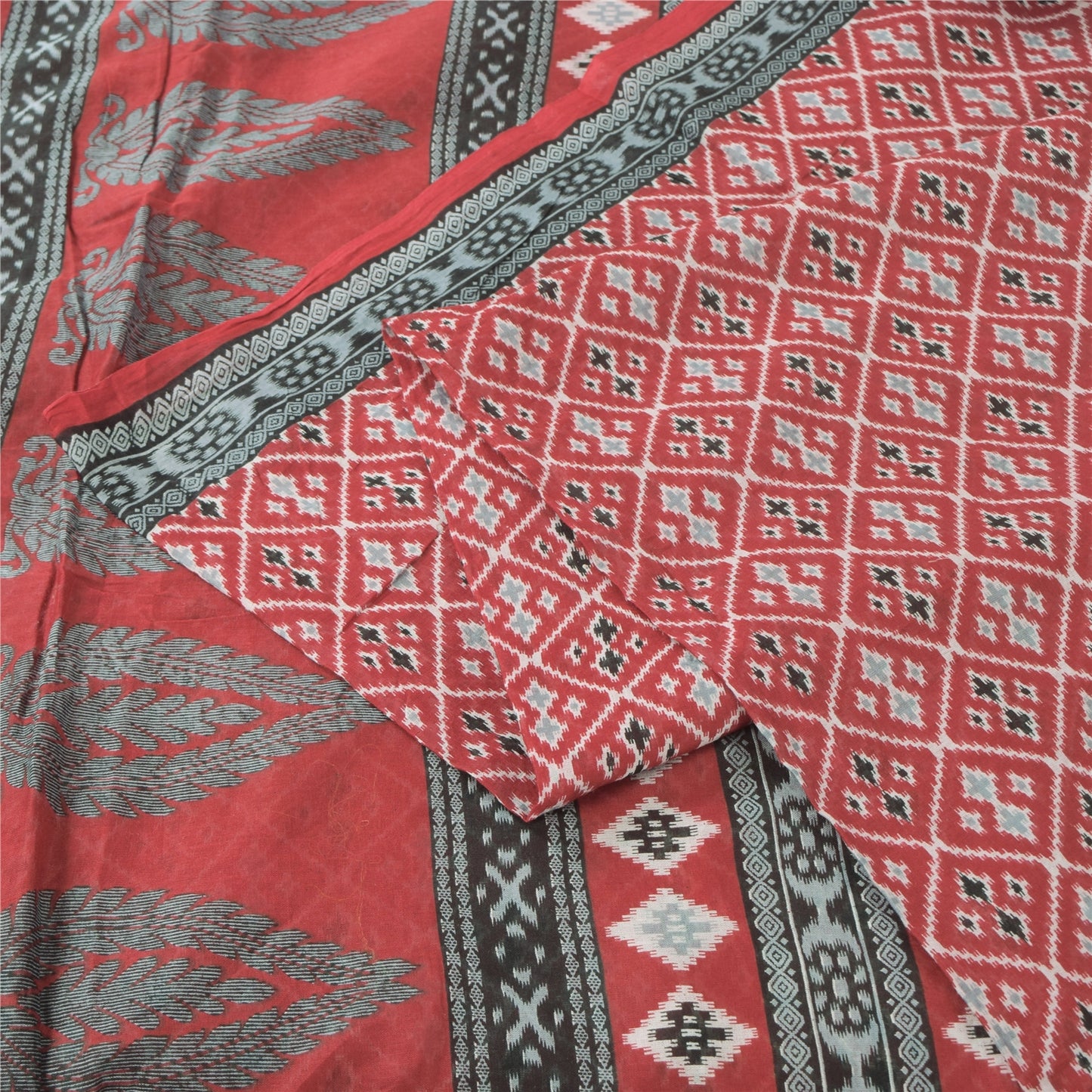 Sanskriti Vintage Sarees Red Indian Pure Cotton Printed Sari 5yd Craft Sustainable Fabric