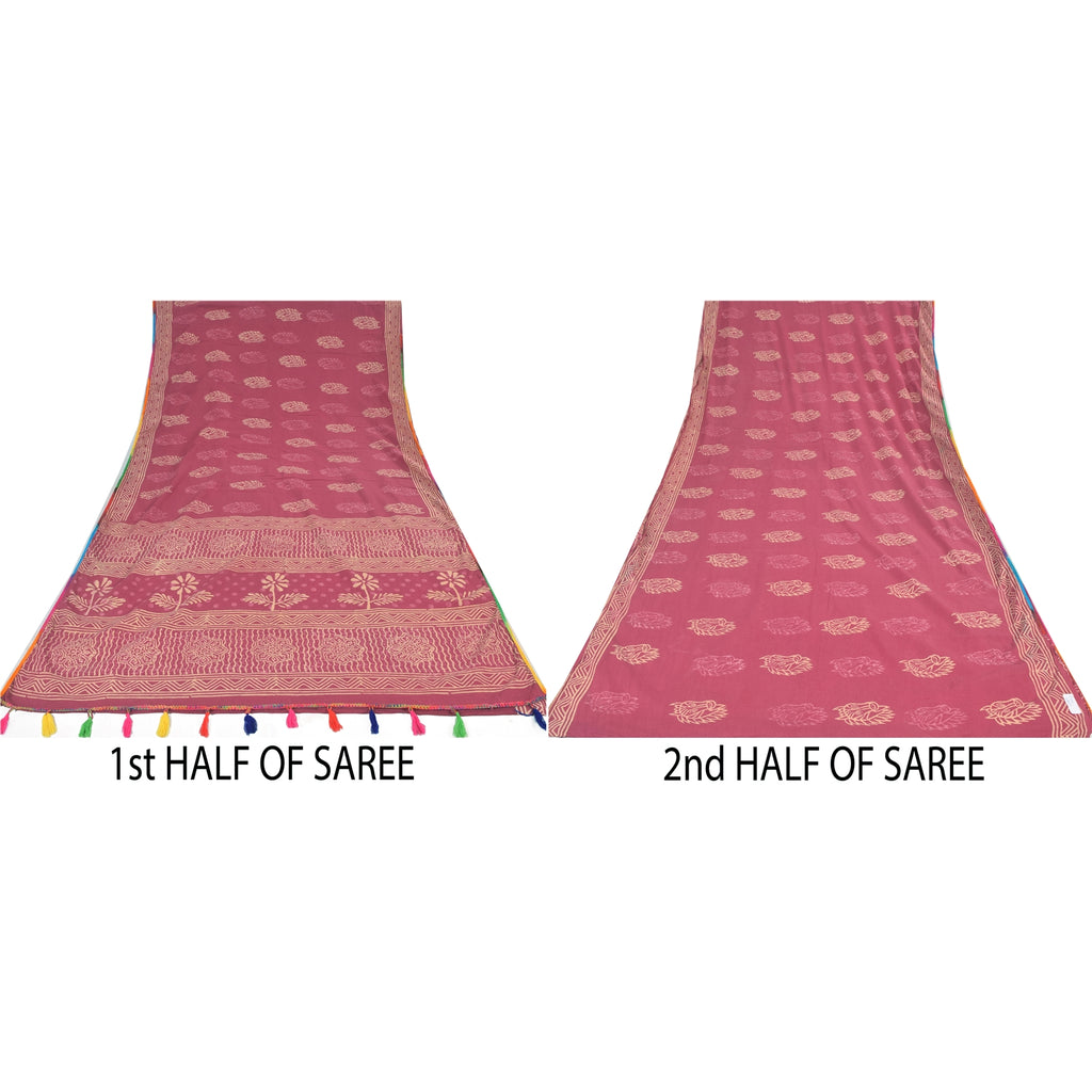 Sanskriti Vintage Sarees Pink Hand Block Print Pure Cotton Sari 5yd Craft Sustainable Fabric