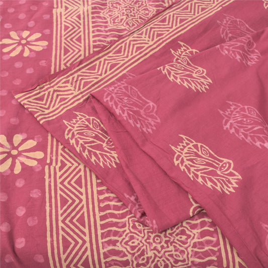 Sanskriti Vintage Sarees Pink Hand Block Print Pure Cotton Sari 5yd Craft Sustainable Fabric
