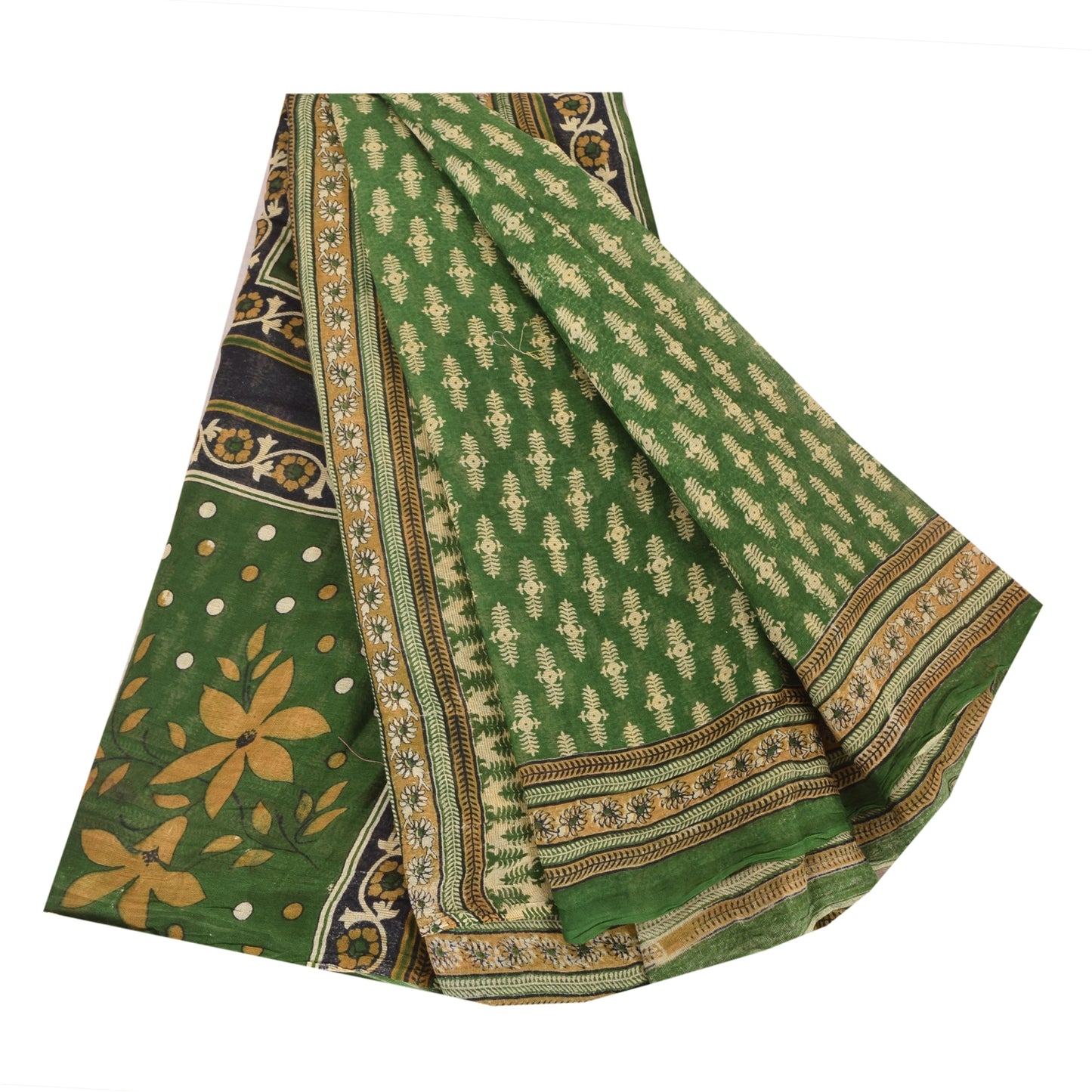 Sanskriti Vintage Sarees Indian Green Pure Cotton Printed Sari 5yd Craft Fabric