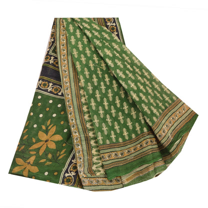 Sanskriti Vintage Sarees Indian Green Pure Cotton Printed Sari 5yd Craft Fabric