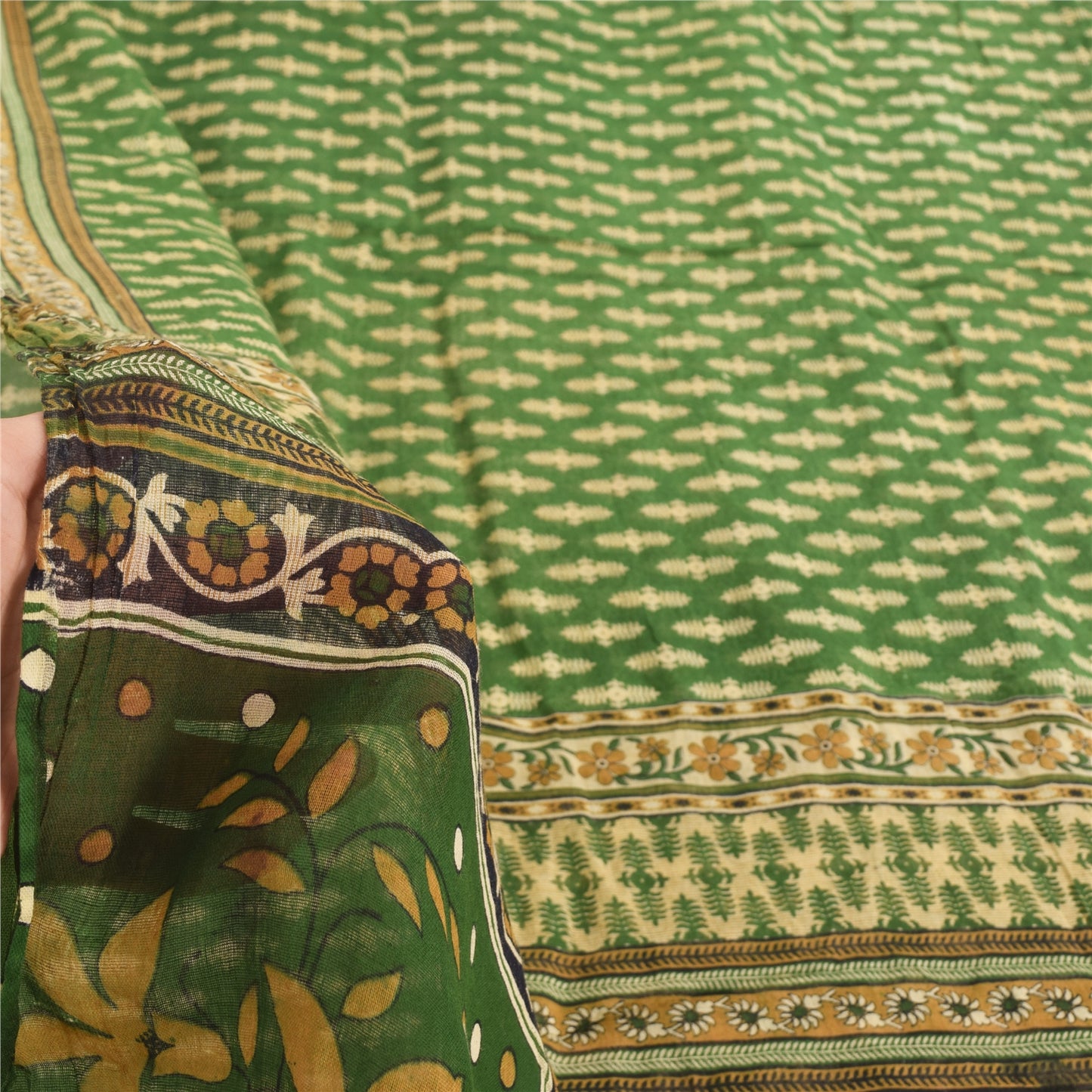 Sanskriti Vintage Sarees Indian Green Pure Cotton Printed Sari 5yd Craft Fabric