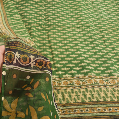 Sanskriti Vintage Sarees Indian Green Pure Cotton Printed Sari 5yd Craft Fabric