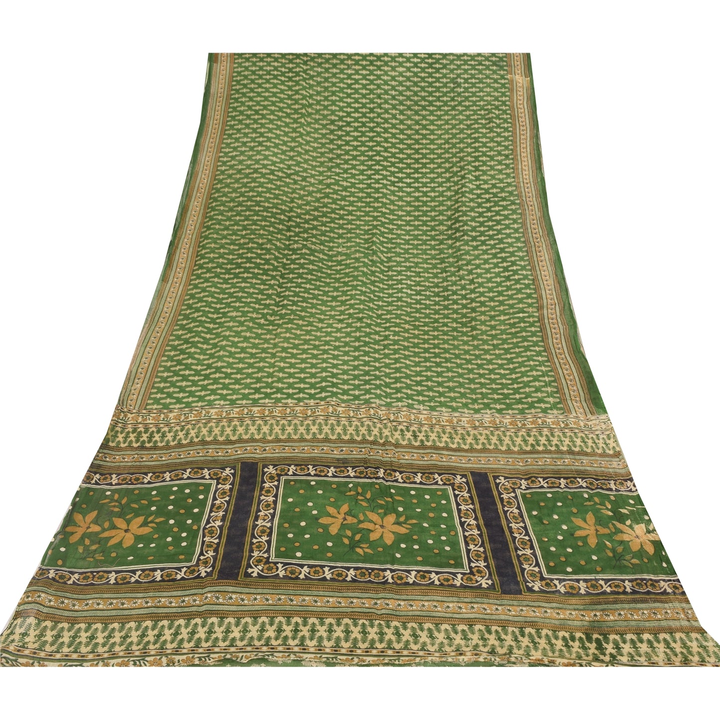 Sanskriti Vintage Sarees Indian Green Pure Cotton Printed Sari 5yd Craft Fabric