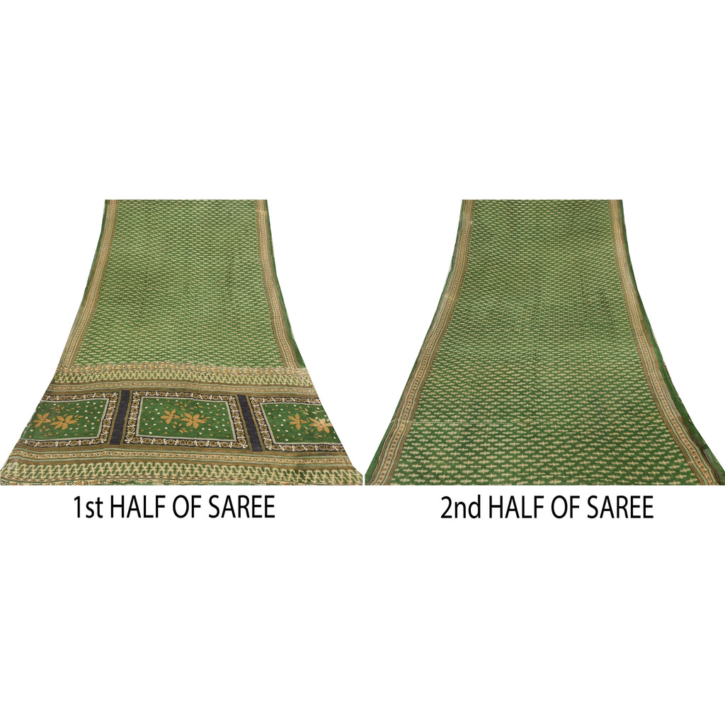 Sanskriti Vintage Sarees Indian Green Pure Cotton Printed Sari 5yd Craft Fabric