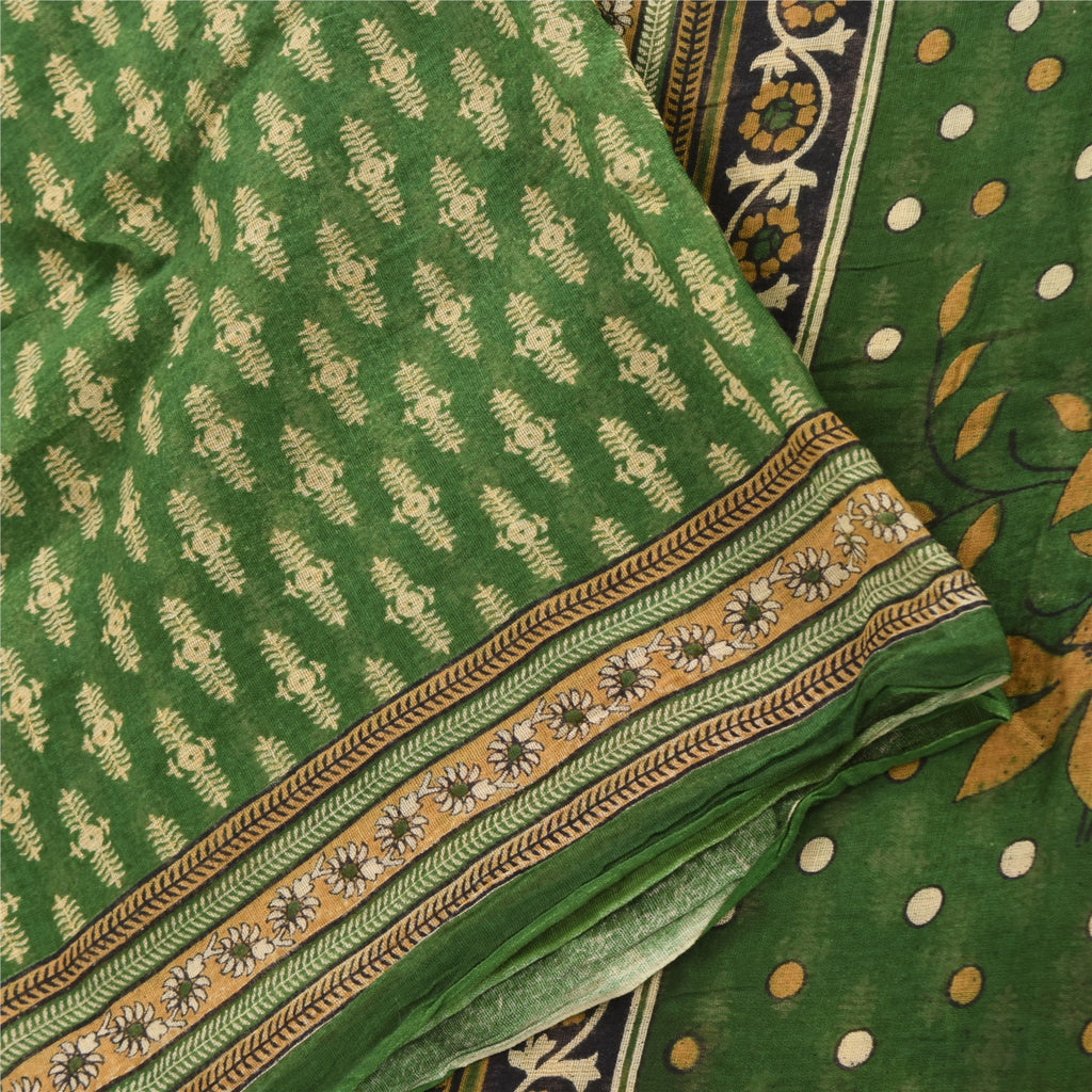 Sanskriti Vintage Sarees Indian Green Pure Cotton Printed Sari 5yd Craft Fabric