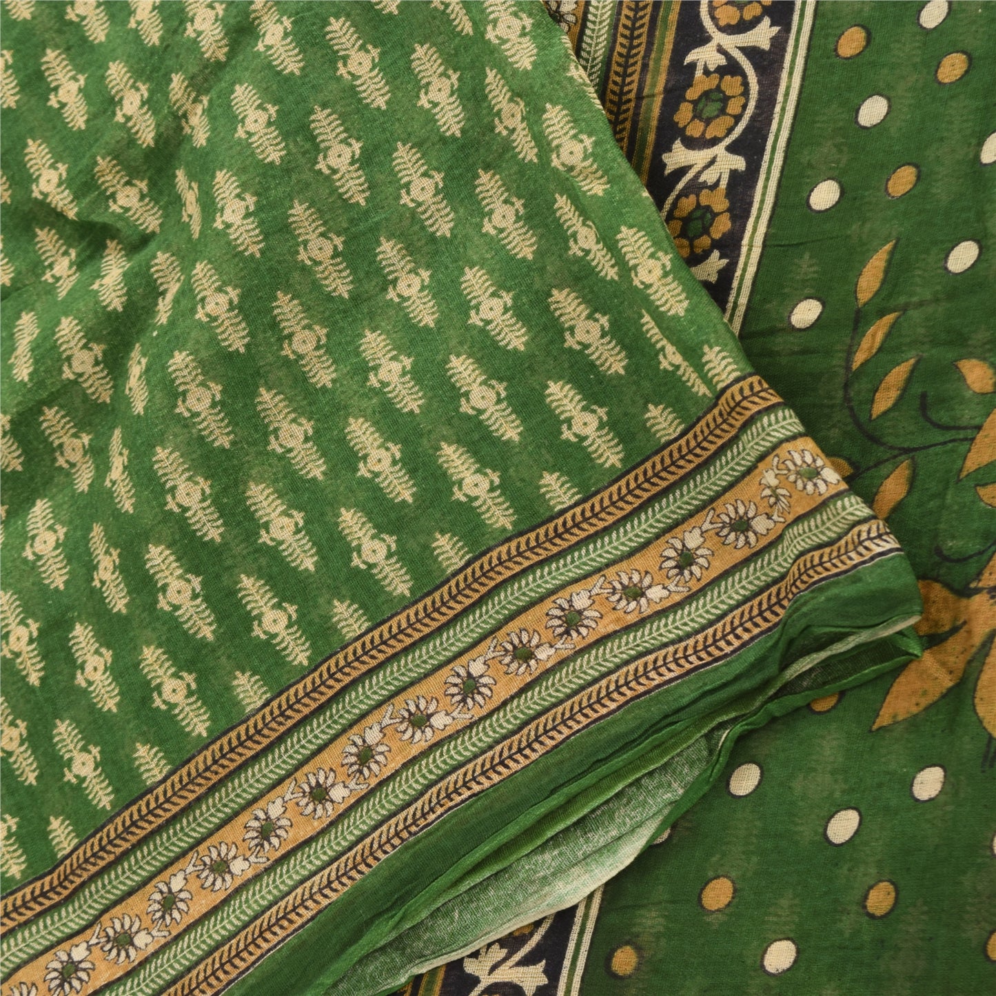 Sanskriti Vintage Sarees Indian Green Pure Cotton Printed Sari 5yd Craft Fabric