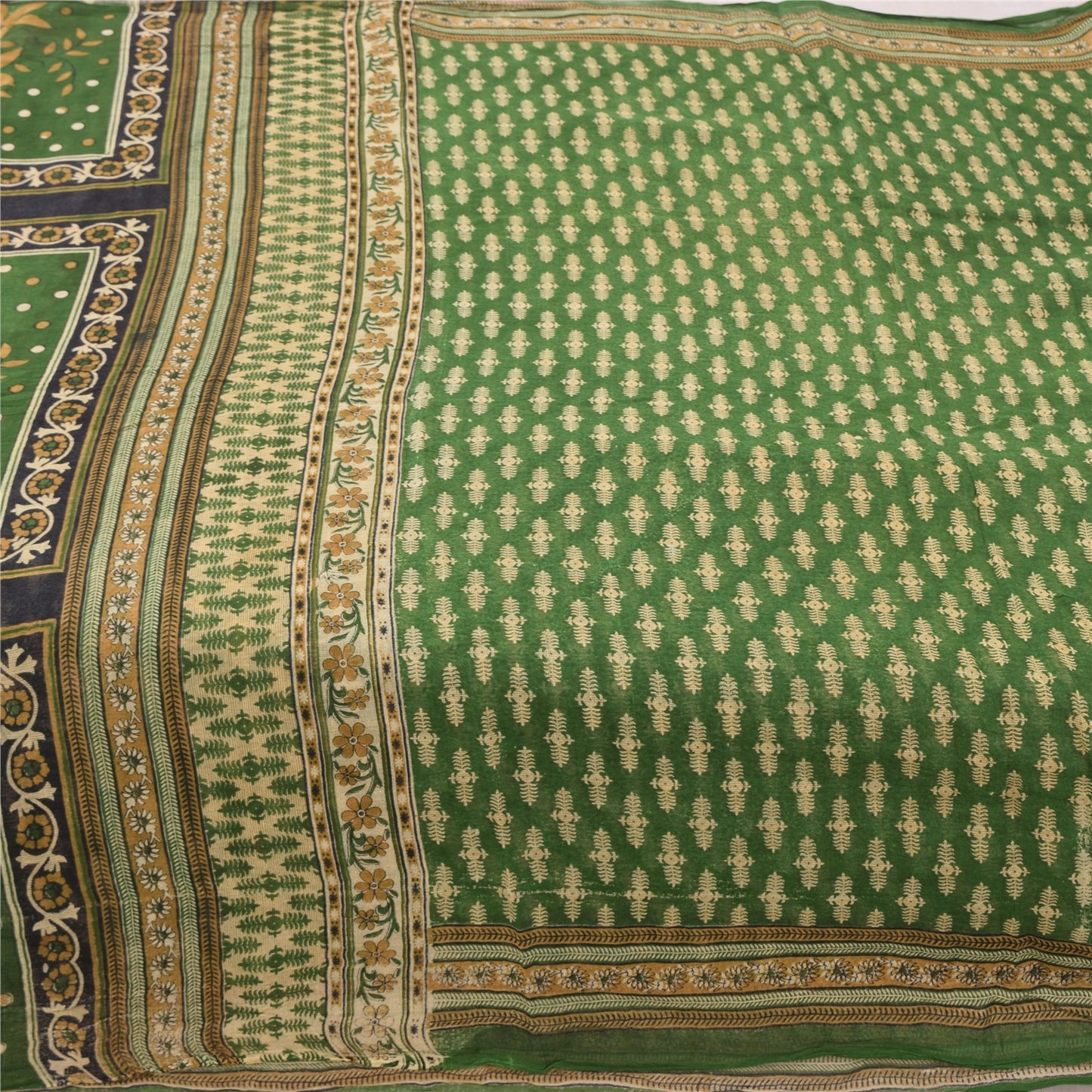 Sanskriti Vintage Sarees Indian Green Pure Cotton Printed Sari 5yd Craft Fabric