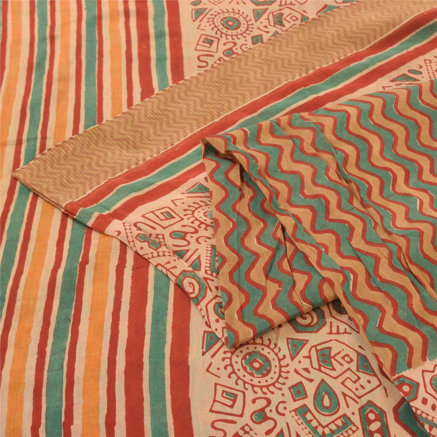 Sanskriti Vintage Sarees Peach/Green Pure Cotton Printed Sari 5yd Craft Fabric