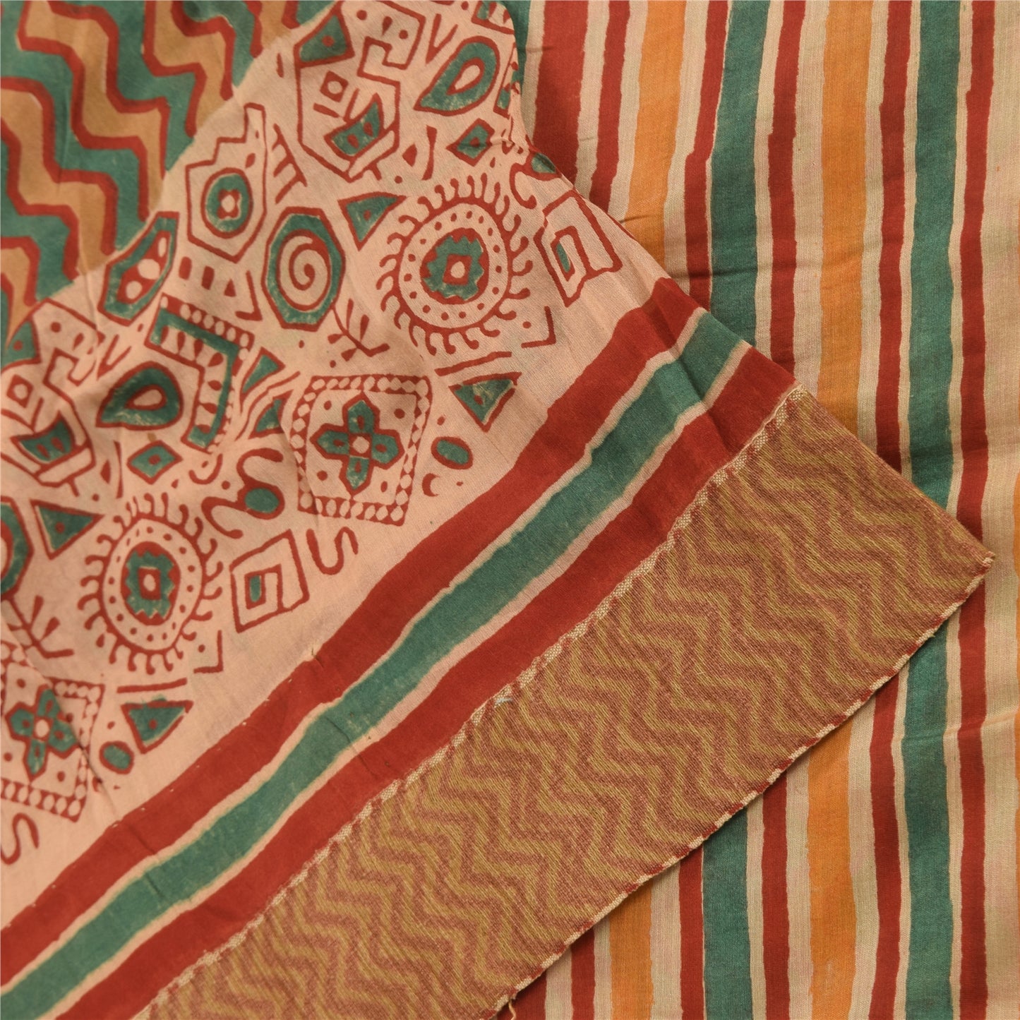 Sanskriti Vintage Sarees Peach/Green Pure Cotton Printed Sari 5yd Craft Fabric