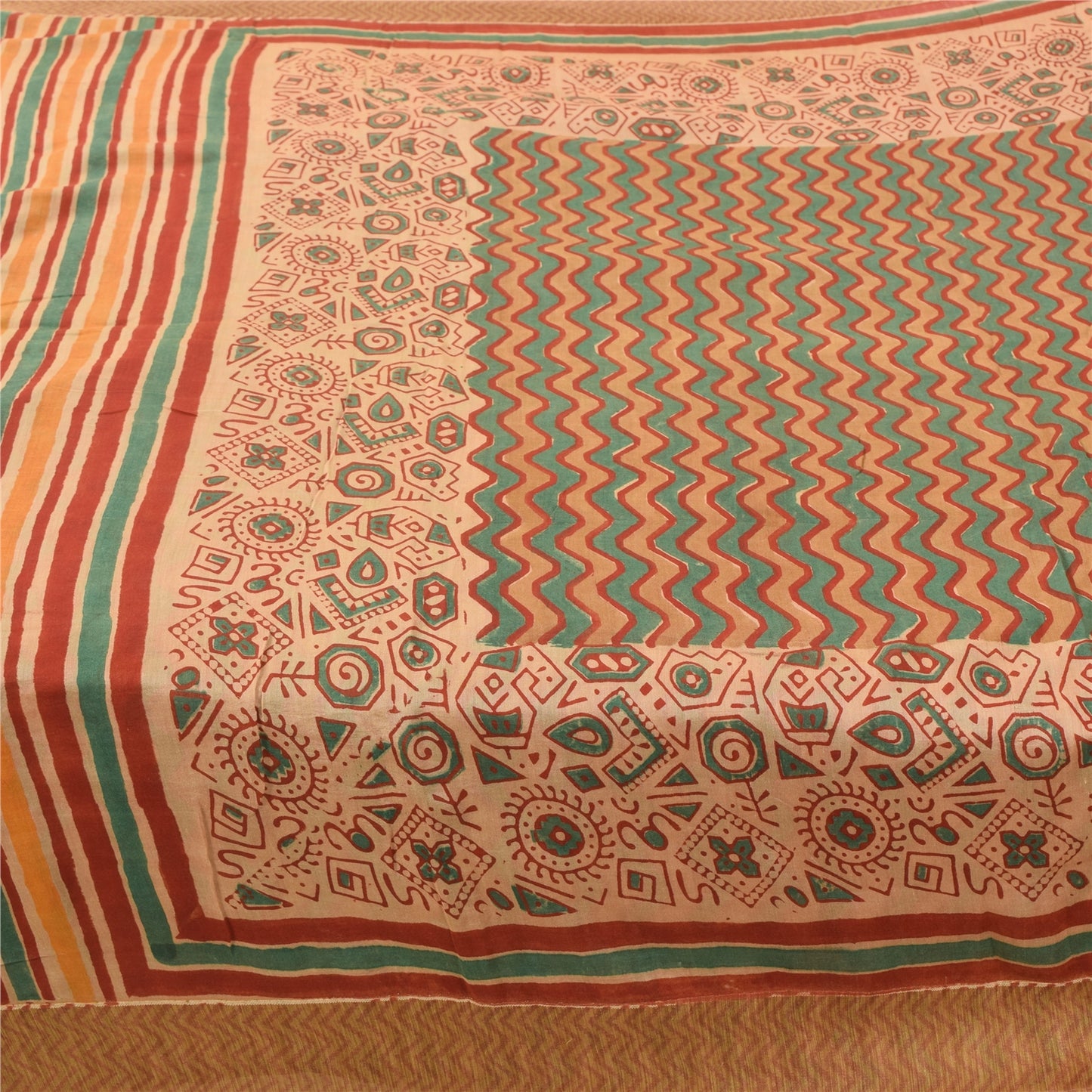 Sanskriti Vintage Sarees Peach/Green Pure Cotton Printed Sari 5yd Craft Fabric