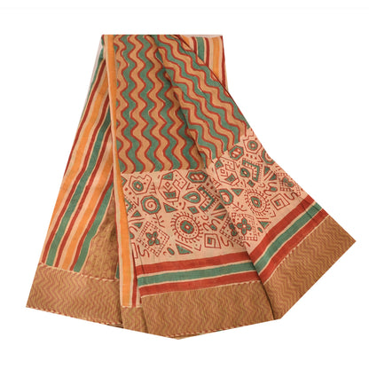 Sanskriti Vintage Sarees Peach/Green Pure Cotton Printed Sari 5yd Craft Fabric
