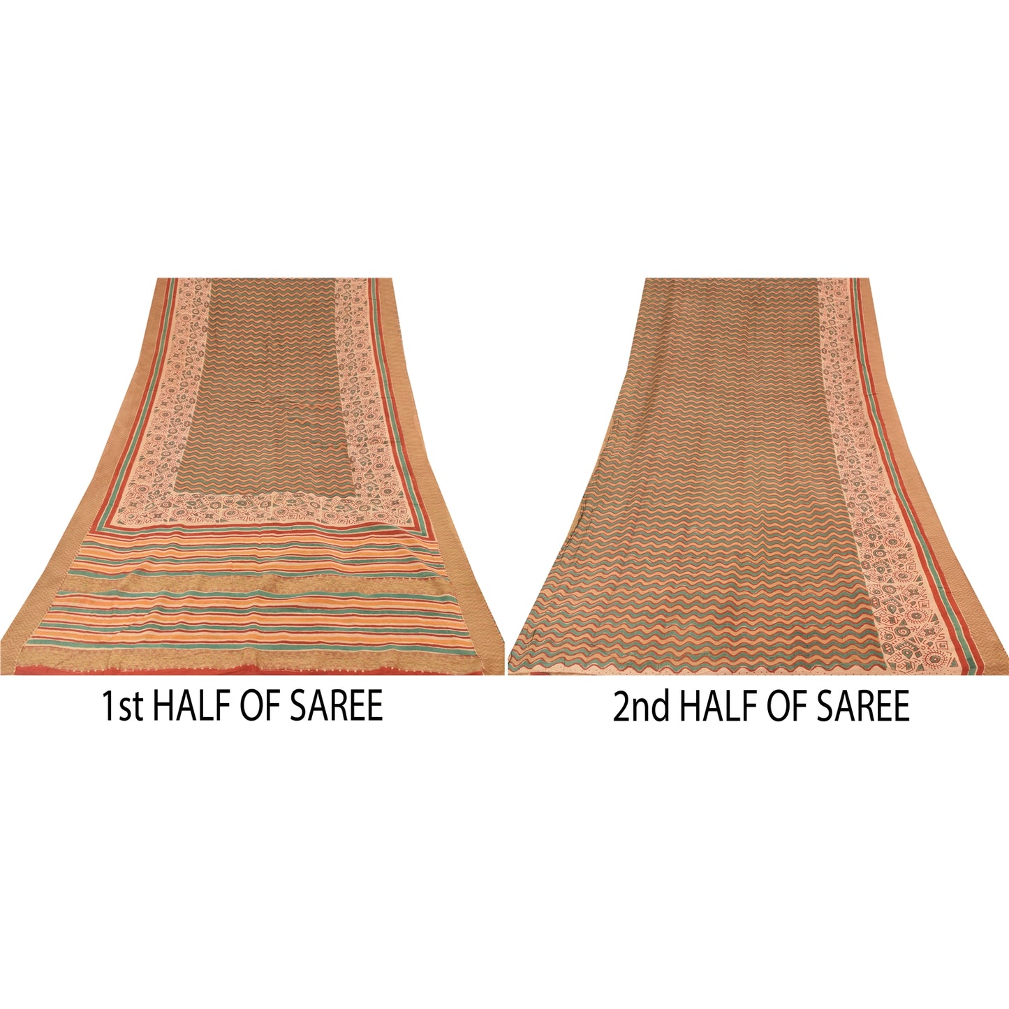 Sanskriti Vintage Sarees Peach/Green Pure Cotton Printed Sari 5yd Craft Fabric