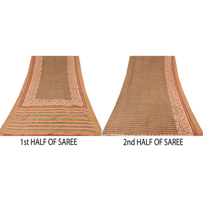 Sanskriti Vintage Sarees Peach/Green Pure Cotton Printed Sari 5yd Craft Fabric