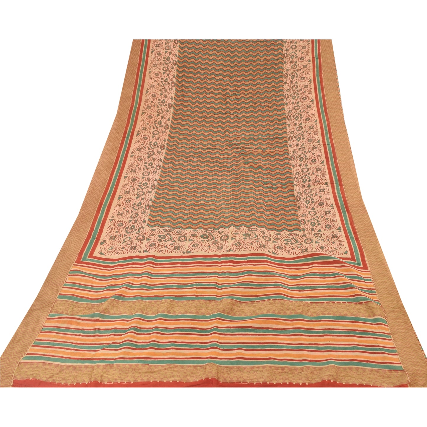 Sanskriti Vintage Sarees Peach/Green Pure Cotton Printed Sari 5yd Craft Fabric