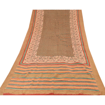 Sanskriti Vintage Sarees Peach/Green Pure Cotton Printed Sari 5yd Craft Fabric