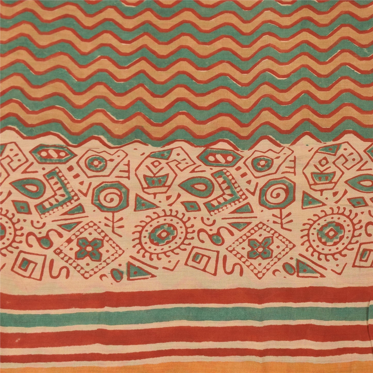 Sanskriti Vintage Sarees Peach/Green Pure Cotton Printed Sari 5yd Craft Fabric