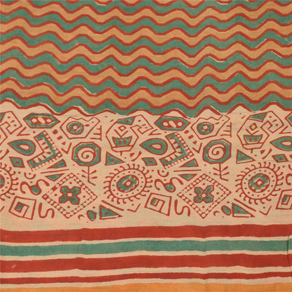 Sanskriti Vintage Sarees Peach/Green Pure Cotton Printed Sari 5yd Craft Fabric