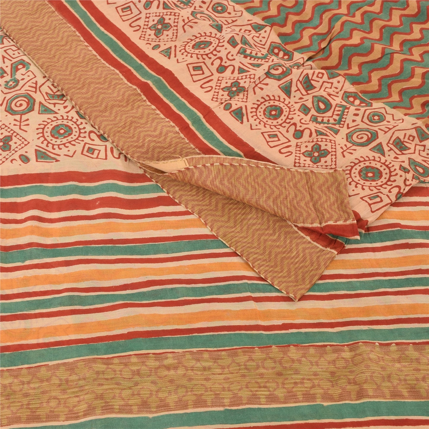 Sanskriti Vintage Sarees Peach/Green Pure Cotton Printed Sari 5yd Craft Fabric