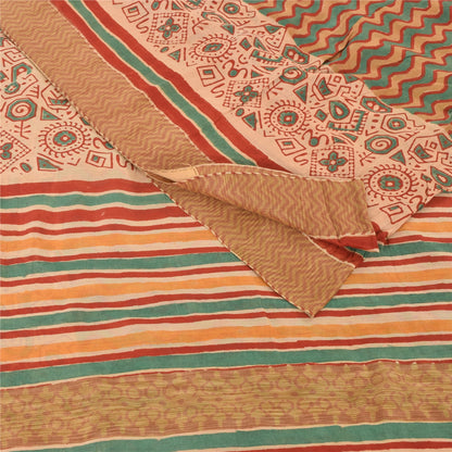 Sanskriti Vintage Sarees Peach/Green Pure Cotton Printed Sari 5yd Craft Fabric