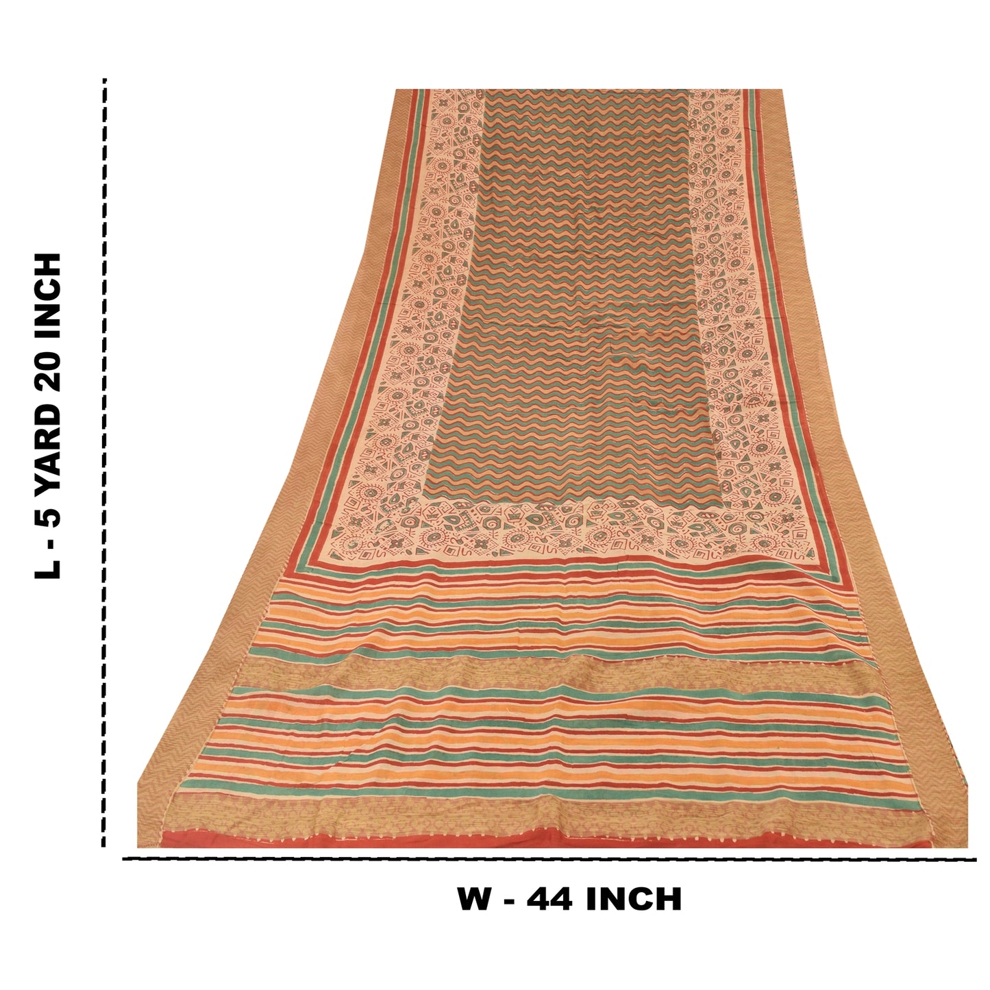 Sanskriti Vintage Sarees Peach/Green Pure Cotton Printed Sari 5yd Craft Fabric