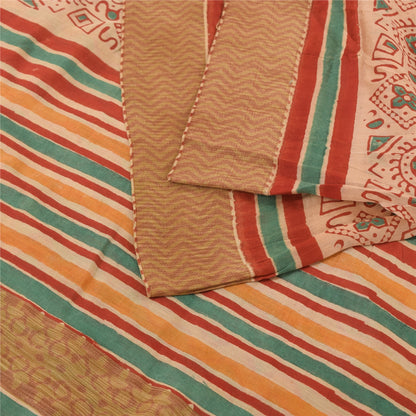 Sanskriti Vintage Sarees Peach/Green Pure Cotton Printed Sari 5yd Craft Fabric