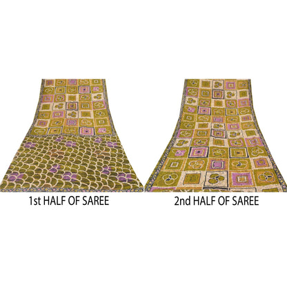 Sanskriti Vintage Sarees Green Batik Work 100% Pure Cotton Sari 5yd Craft Fabric