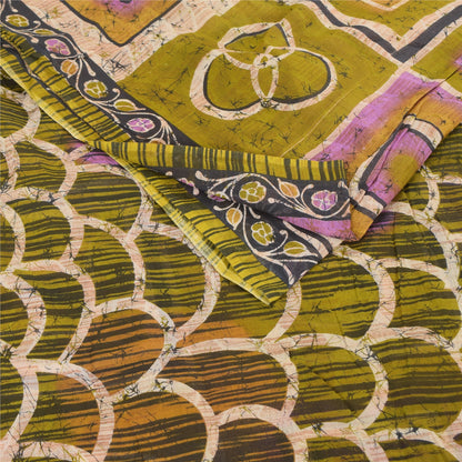 Sanskriti Vintage Sarees Green Batik Work 100% Pure Cotton Sari 5yd Craft Fabric