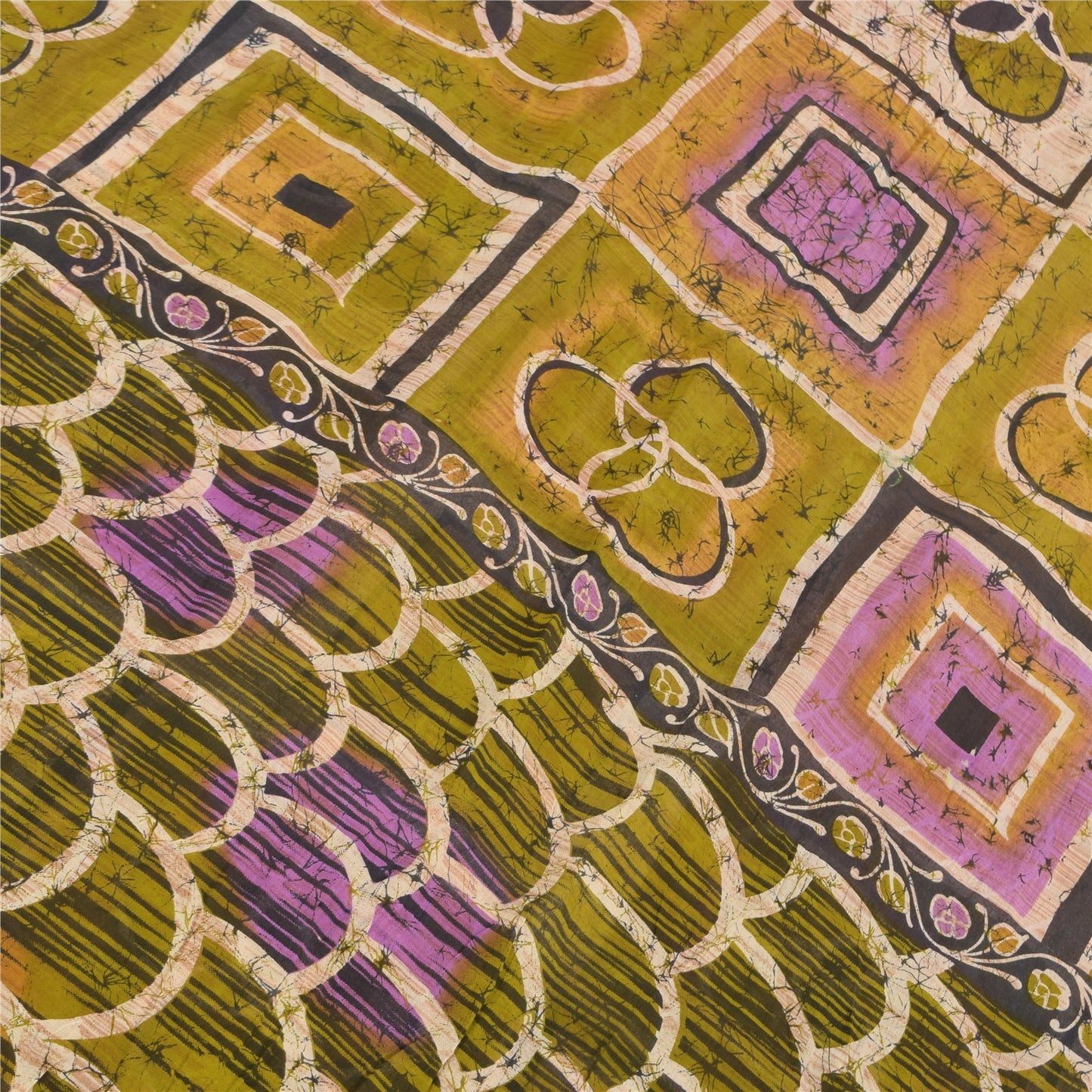 Sanskriti Vintage Sarees Green Batik Work 100% Pure Cotton Sari 5yd Craft Fabric