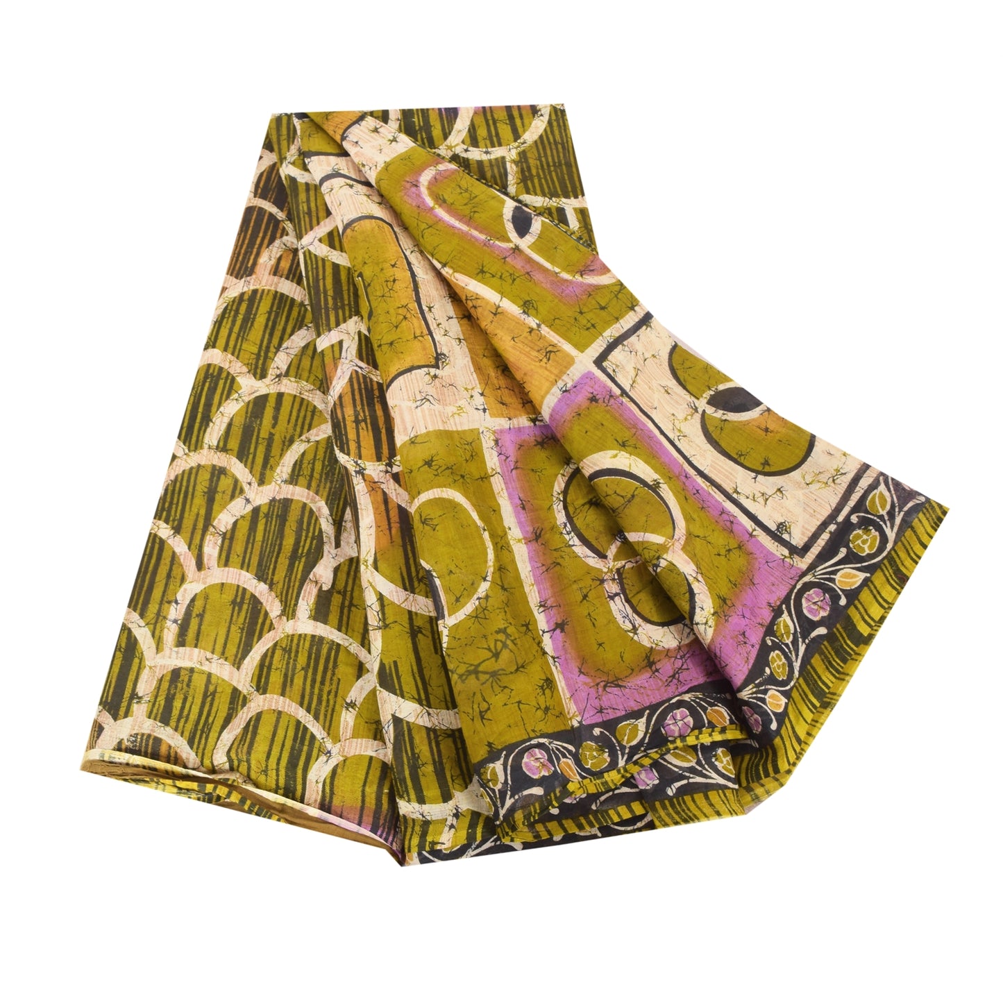 Sanskriti Vintage Sarees Green Batik Work 100% Pure Cotton Sari 5yd Craft Fabric