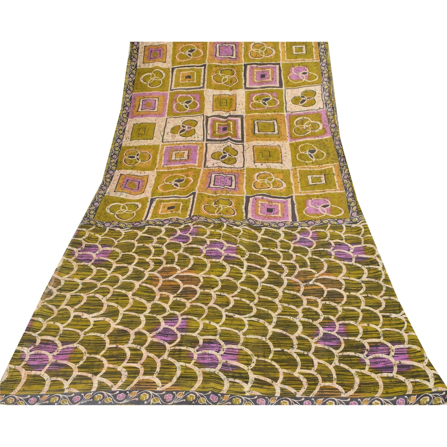 Sanskriti Vintage Sarees Green Batik Work 100% Pure Cotton Sari 5yd Craft Fabric