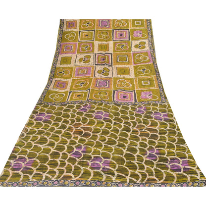 Sanskriti Vintage Sarees Green Batik Work 100% Pure Cotton Sari 5yd Craft Fabric